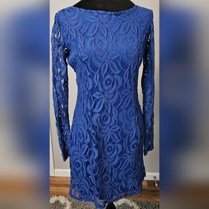 Blue Lace Coctail Long Sleeve Dress Size M